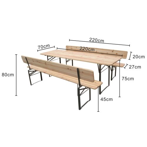 Pivska garnitura 3-djelna s naslonom, stol 220 x 70 cm, klupe 220 x 27 cm, prirodni smreka zelena