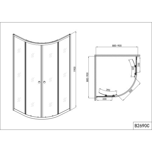 Runddusche m.2 Schiebet. chrom 88,5-90x88,5-90x190cm