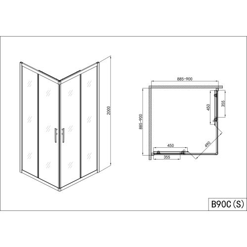 Sarokzuhany tolóajtók PRO-LINE, króm 88,5-90x200