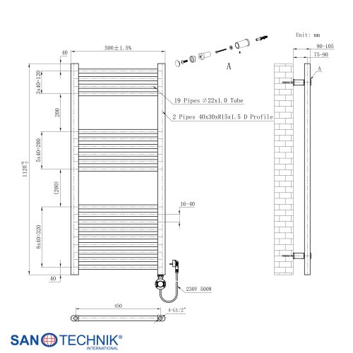 Sanotechnik - Badezimmerheizkörper E-Bozen, Weiß, 50x112cm 500 Watt
