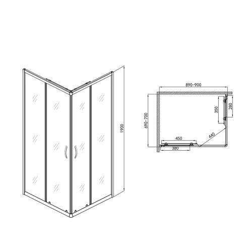 Kutna tuš kabina s mat staklom, 2 vrata, krom 70x90x190 cm