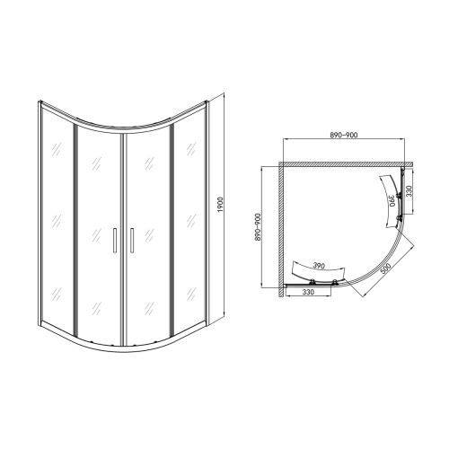 Matt üveg, 90x90x90 cm-es kerek zuhanykabin, króm
