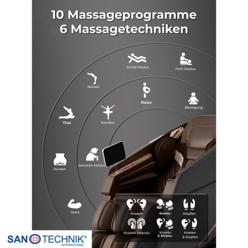 Sanotechnik - MEDORA luksuzna masažna stolica – Crna/Smeđa 75x143x114 cm