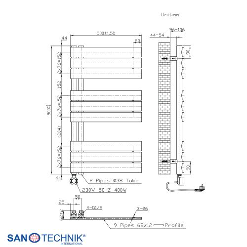 Sanotechnik - Badezimmerheizkörper E-SALZBURG weiß 50x90cm 400 Watt