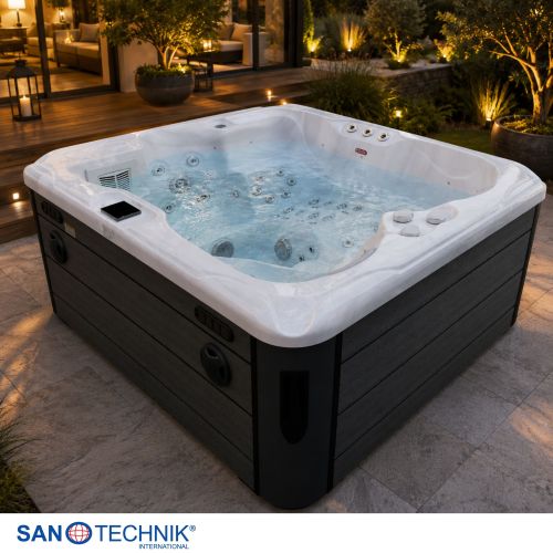 Sanotechnik - MAURITSIUS OUTDOOR WHIRLPOOL white marble inkl. Abdeckung und Stiege 210x160x90 cm
