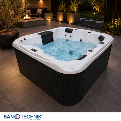Sanotechnik - TAHITI OUTDOOR WHIRLPOOL white marble inkl. Abdeckung und Stiege 200x200x88 cm