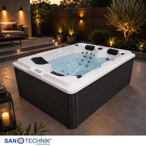 Sanotechnik - DIABLO OUTDOOR WHIRLPOOL white marble inkl. Abdeckung und Stiege 210x160x80 cm