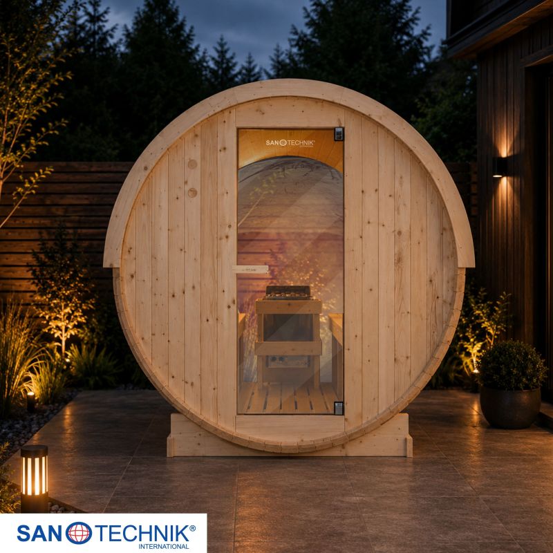 Sanotechnik - NYBORG M zunanja savna v sodu za 4 osebe 194,2x204,9x194,9 cm