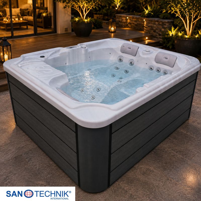 Sanotechnik - OASIS OUTDOOR WHIRLPOOL white marble inkl. Abdeckung und Stiege 208x175x90 cm