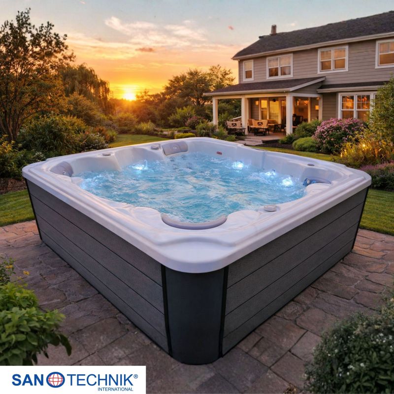 Sanotechnik - OASIS MAXI OUTDOOR WHIRLPOOL white marble inkl. Abdeckung und Stiege 210x210x95 cm