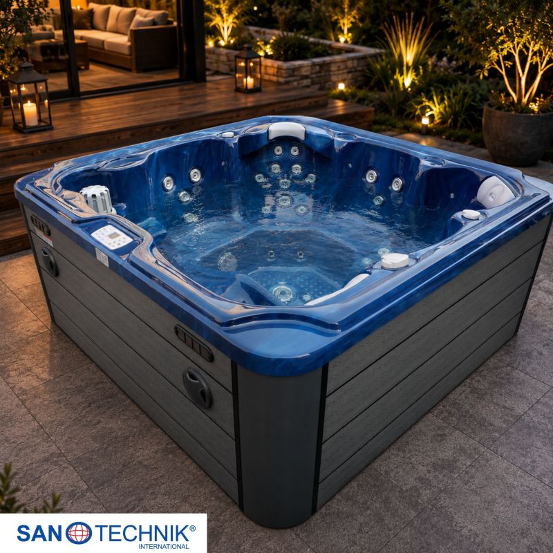 Sanotechnik - OASIS MAXI OUTDOOR WHIRLPOOL blue marble inkl. Abdeckung und Stiege 210x210x95 cm