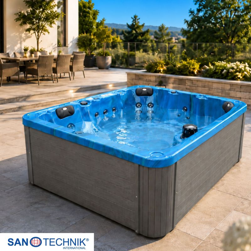 Sanotechnik - PALMA OUTDOOR WHIRLPOOL blue marble inkl. Abdeckung und Stiege 190x190x86 cm