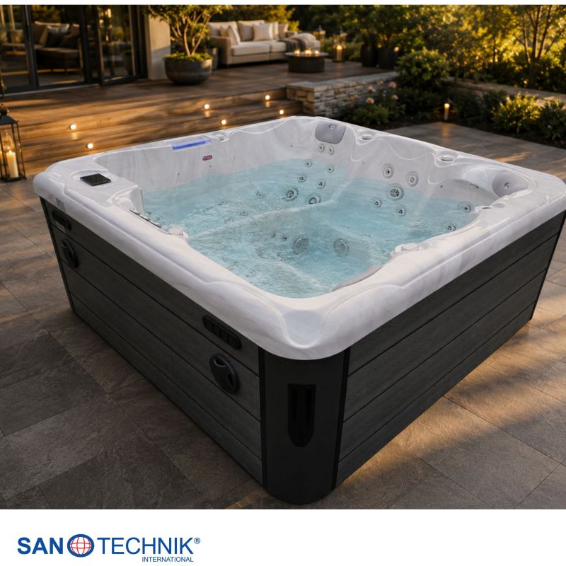 Sanotechnik - HAWAI OUTDOOR WHIRLPOOL white marble inkl. Abdeckung und Stiege 220x220x95 cm
