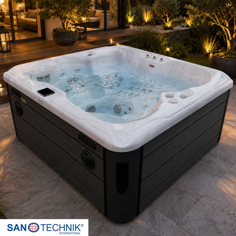 Sanotechnik - MAURITSIUS OUTDOOR WHIRLPOOL white marble inkl. Abdeckung und Stiege 210x160x90 cm