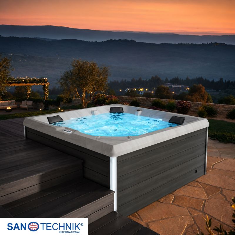 Sanotechnik - ROVINJ OUTDOOR WHIRLPOOL white inkl. Abdeckung und Stiege 210x210x90 cm