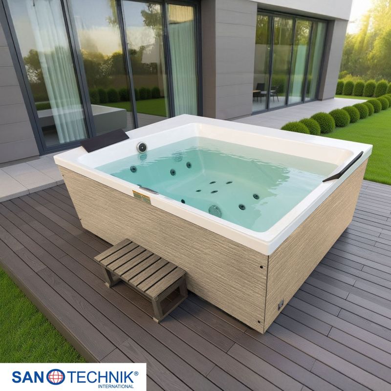Sanotechnik - ZADAR OUTDOOR WHIRLPOOL white inkl. Abdeckung und Stiege 190x140x70 cm