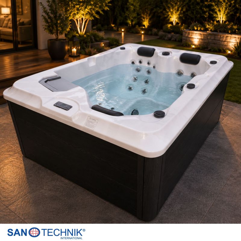 Sanotechnik - FIJI OUTDOOR WHIRLPOOL white marble inkl. Abdeckung und Stiege 210x160x80 cm