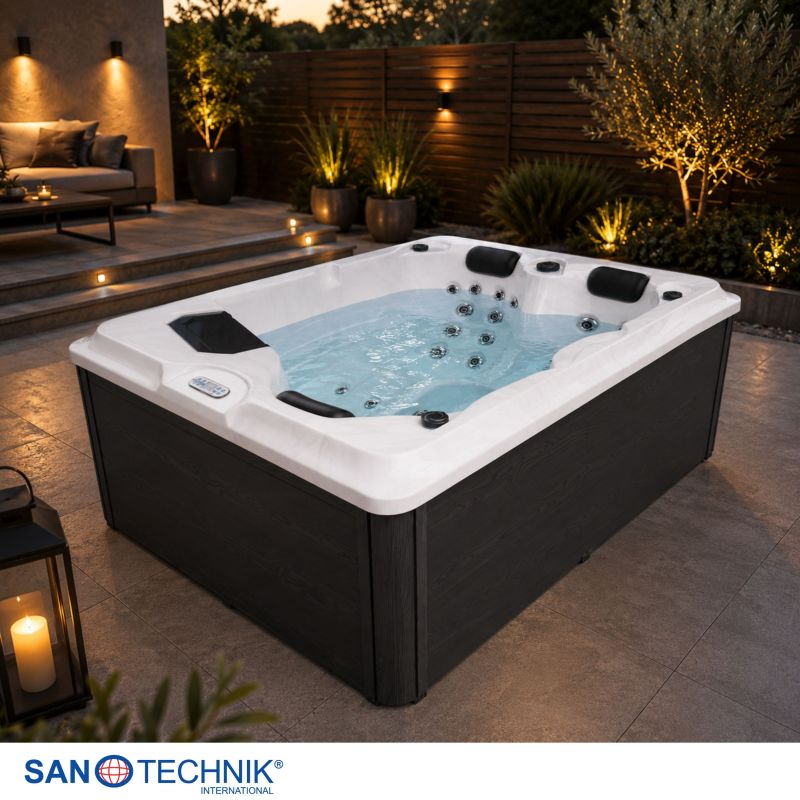 Sanotechnik - DIABLO OUTDOOR WHIRLPOOL white marble inkl. Abdeckung und Stiege 210x160x80 cm