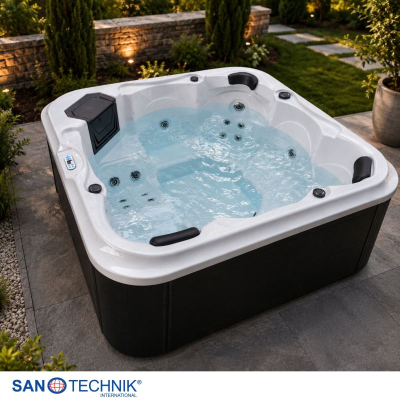 Sanotechnik - TIROL OUTDOOR WHIRLPOOL white marble inkl. Abdeckung und Stiege 210x210x80 cm